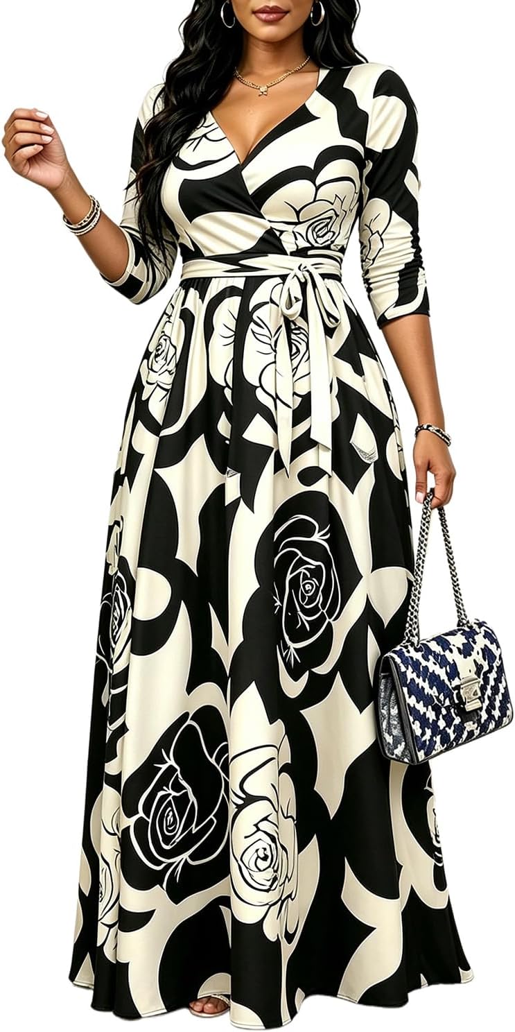CaniBtr Maxi Dresses for Women Plus Size 3/4 Sleeve Long Dress with Belt