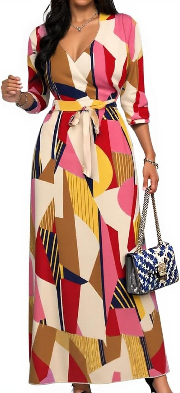 CaniBtr Maxi Dresses for Women Plus Size 3/4 Sleeve Long Dress with Belt