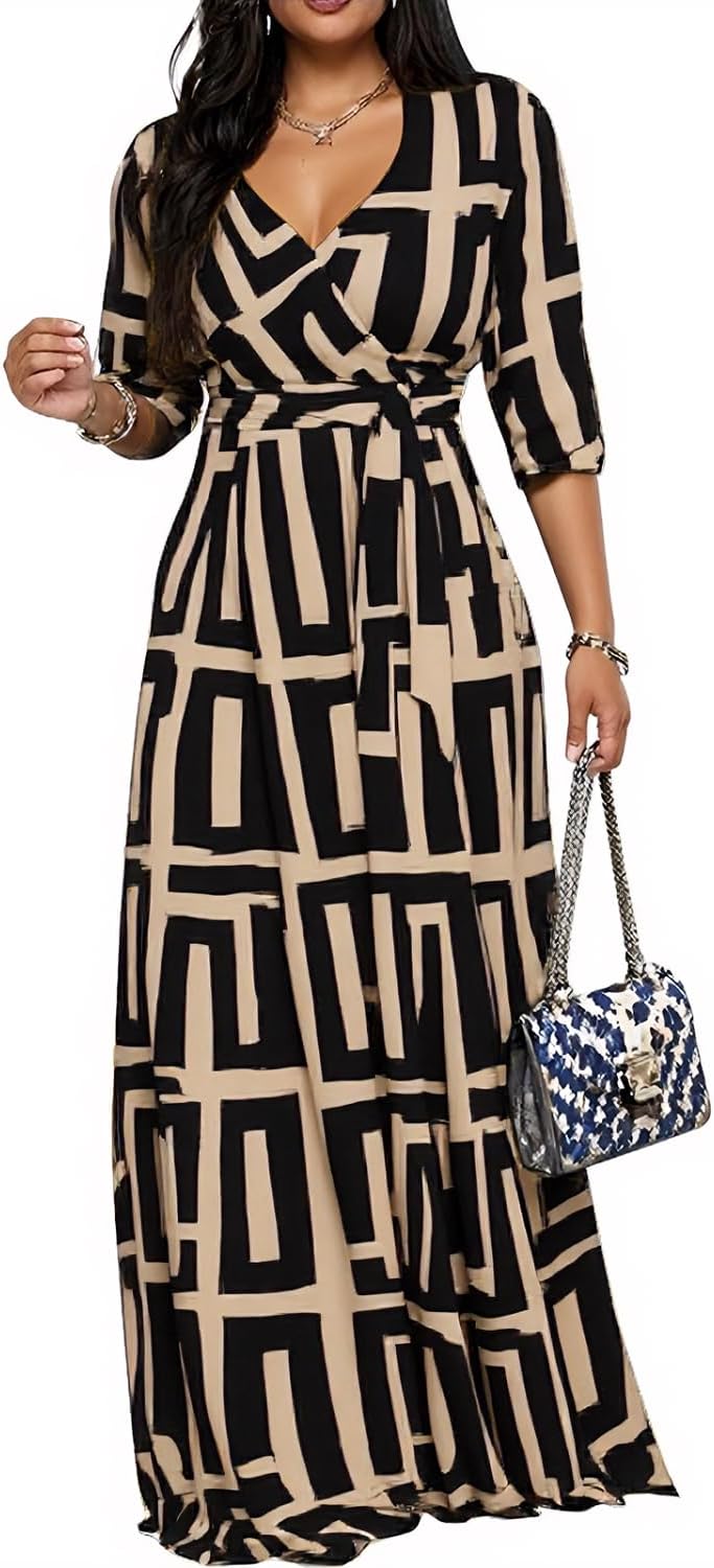 CaniBtr Maxi Dresses for Women Plus Size 3/4 Sleeve Long Dress with Belt