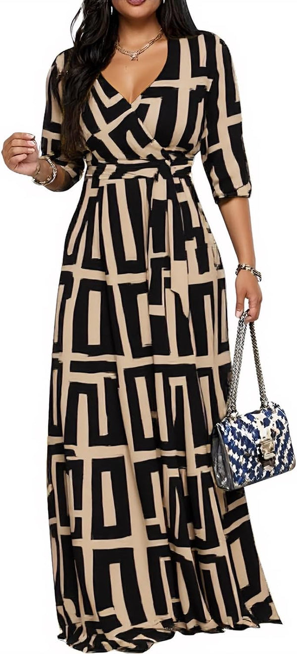 CaniBtr Maxi Dresses for Women Plus Size 3/4 Sleeve Long Dress with Belt
