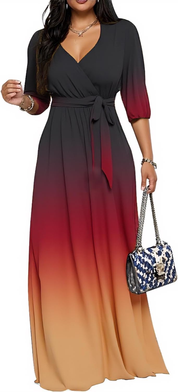 CaniBtr Maxi Dresses for Women Plus Size 3/4 Sleeve Long Dress with Belt