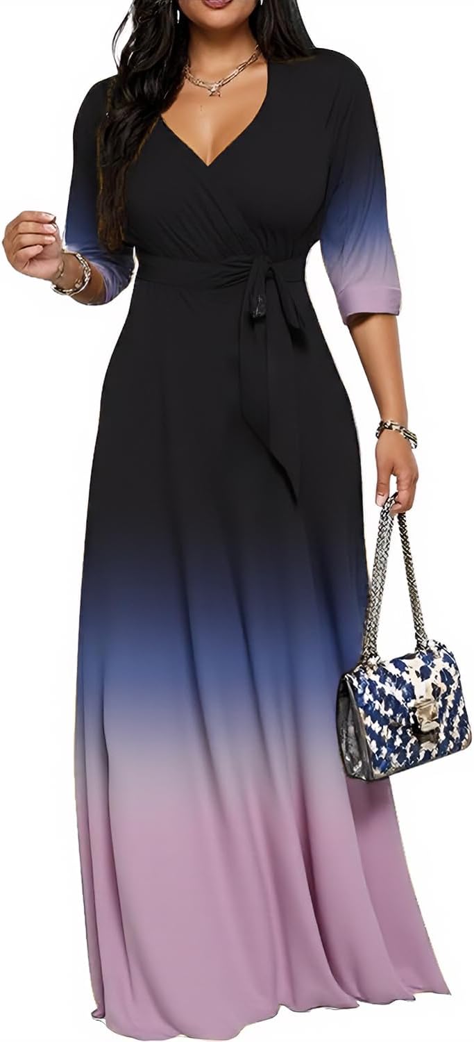CaniBtr Maxi Dresses for Women Plus Size 3/4 Sleeve Long Dress with Belt