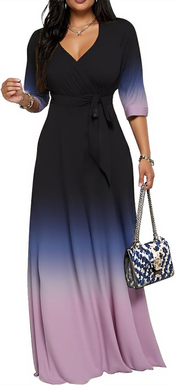 CaniBtr Maxi Dresses for Women Plus Size 3/4 Sleeve Long Dress with Belt