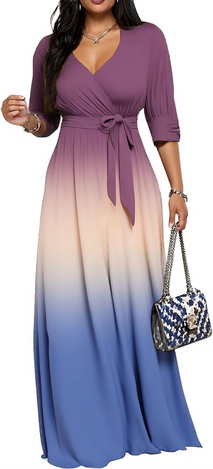 CaniBtr Maxi Dresses for Women Plus Size 3/4 Sleeve Long Dress with Belt