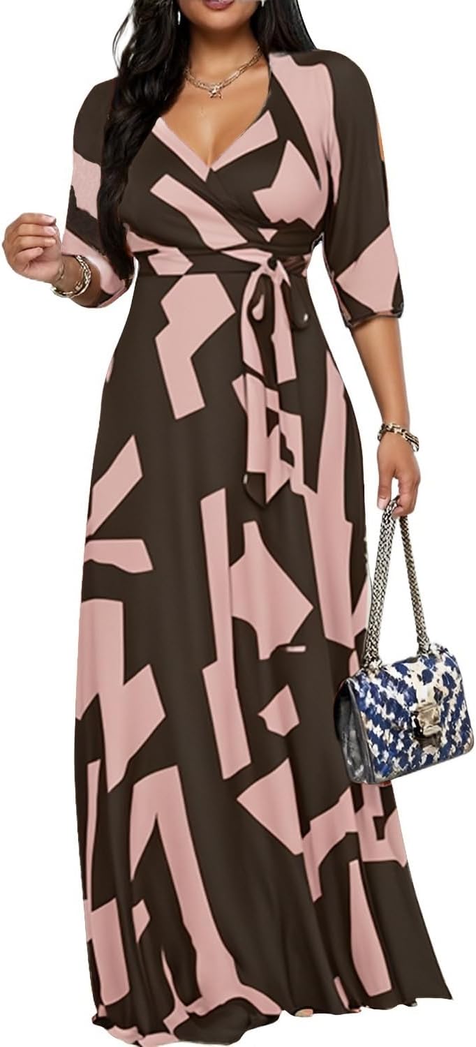 CaniBtr Maxi Dresses for Women Plus Size 3/4 Sleeve Long Dress with Belt