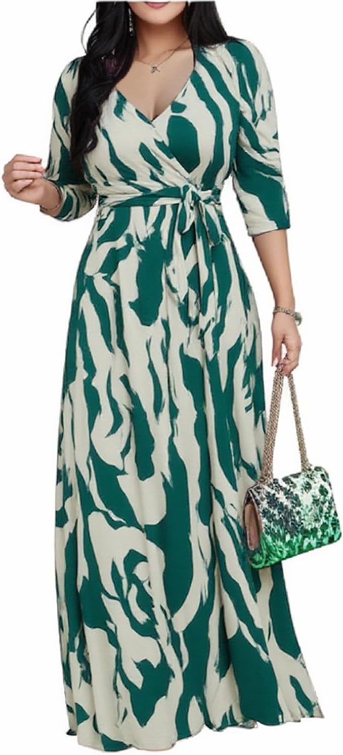 CaniBtr Maxi Dresses for Women Plus Size 3/4 Sleeve Long Dress with Belt