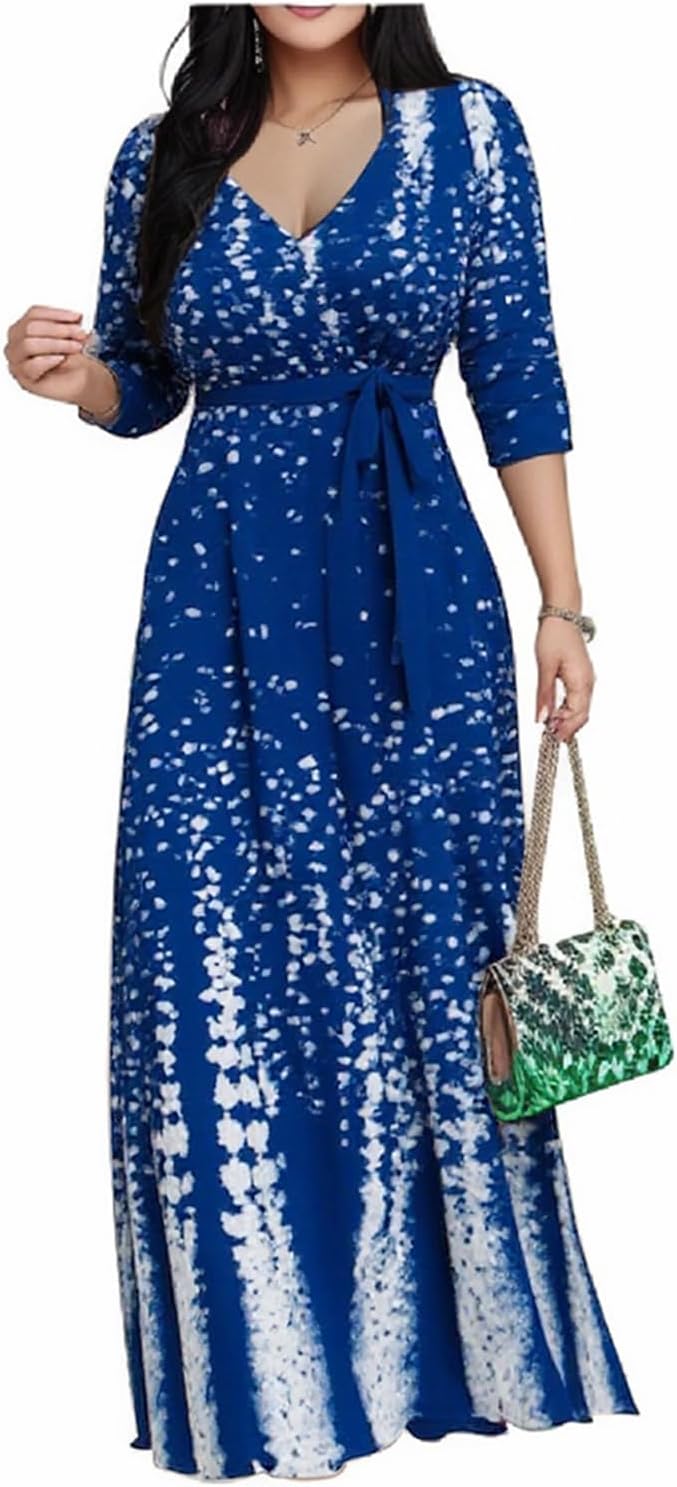 CaniBtr Maxi Dresses for Women Plus Size 3/4 Sleeve Long Dress with Belt