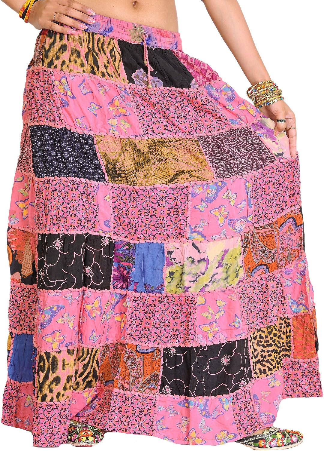 Exotic India Long Printed Dori Skirt from Gujarat with Patch Work - Rayon