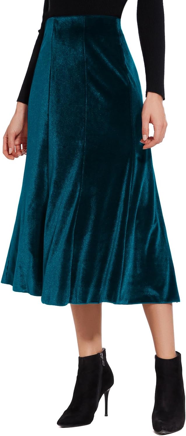 Women’s Elegant Vintage Velvet Midi Skirt Flowy 8-Panel Design