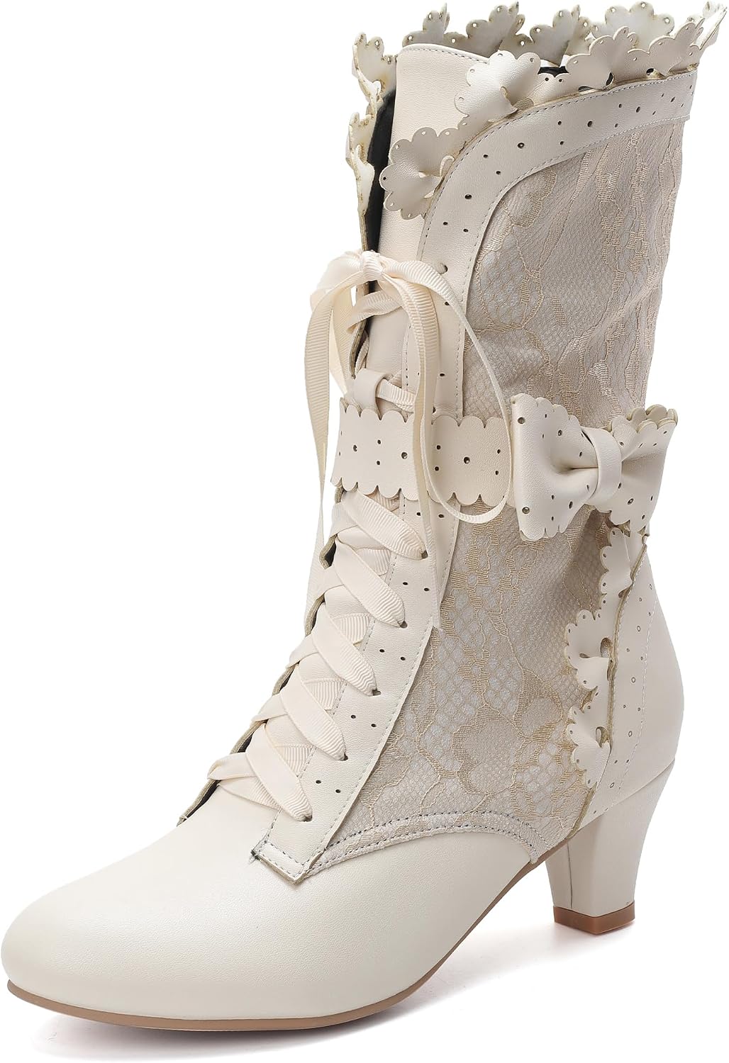 LanreyTaley Women Sweet Bow Boots Mid Heels Lace Up Victorian boots Mid Calf Kawaii Boot Main image