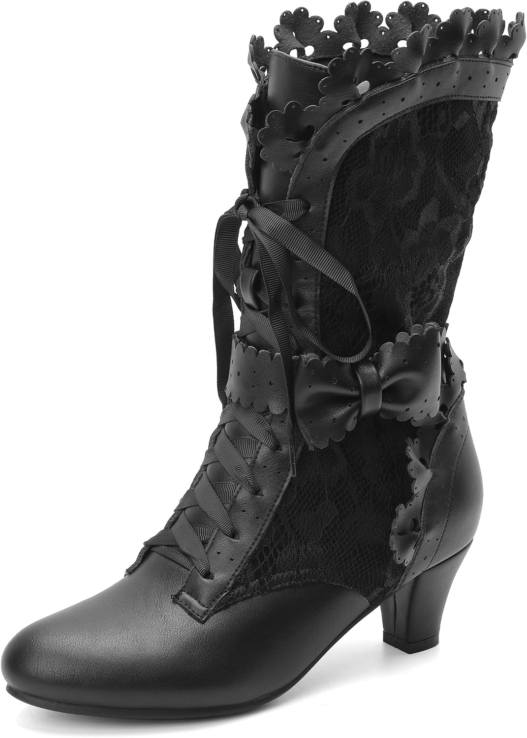 LanreyTaley Women Sweet Bow Boots Mid Heels Lace Up Victorian boots Mid Calf Kawaii Boot
