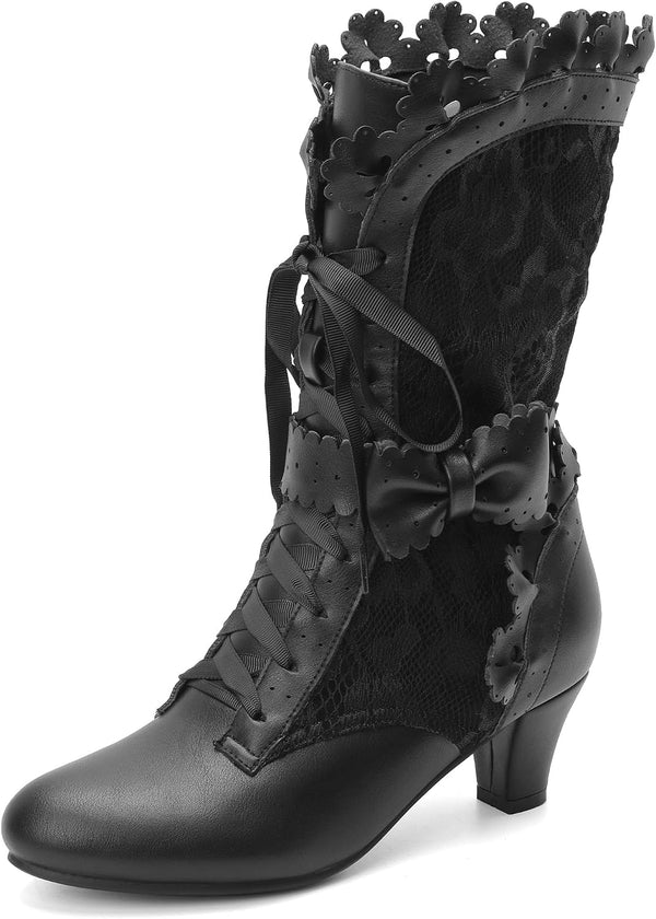 LanreyTaley Women Sweet Bow Boots Mid Heels Lace Up Victorian boots Mid Calf Kawaii Boot
