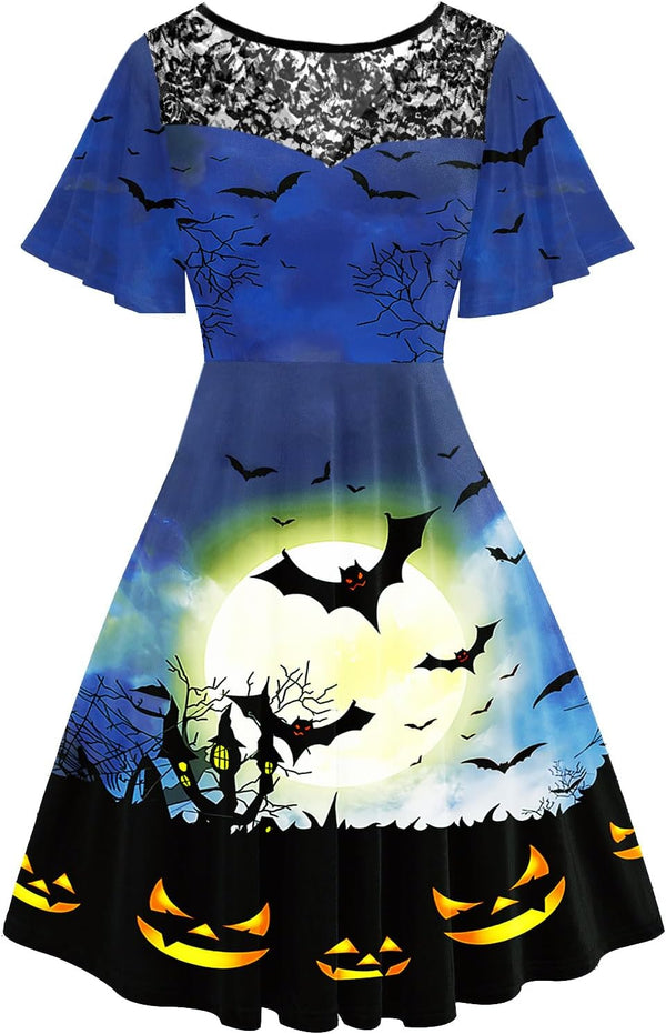 Women Halloween Dress Lace Flutter Sleeve A-Line Party Dresses