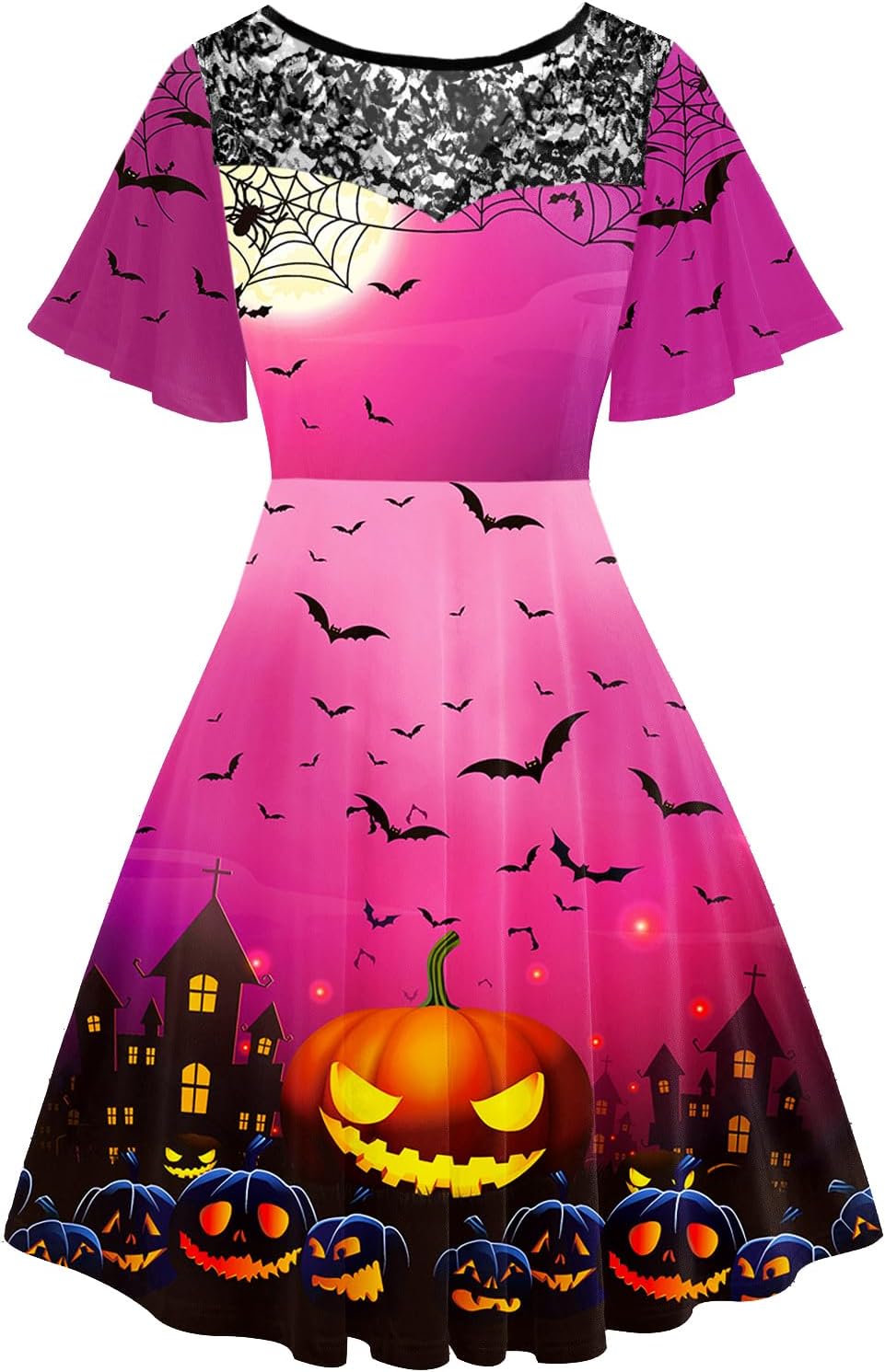 Women Halloween Dress Lace Flutter Sleeve A-Line Party Dresses