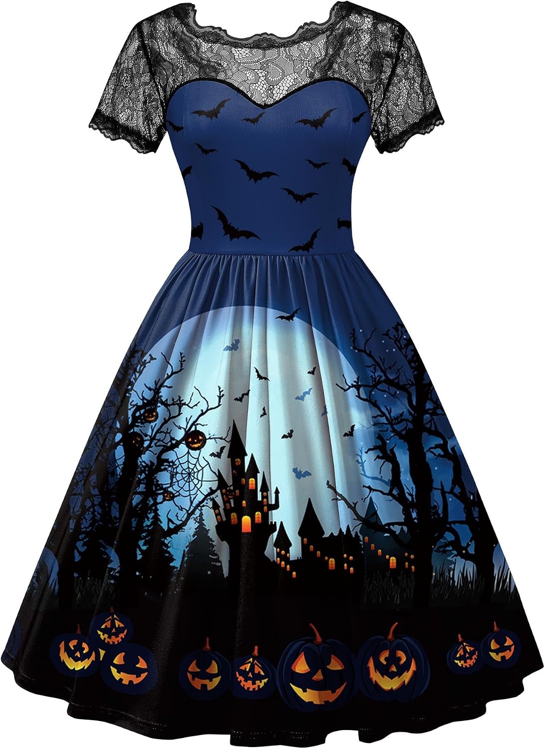 Women Halloween Party Costume Vintage Swing Lace Short Sleeve Witch Dress