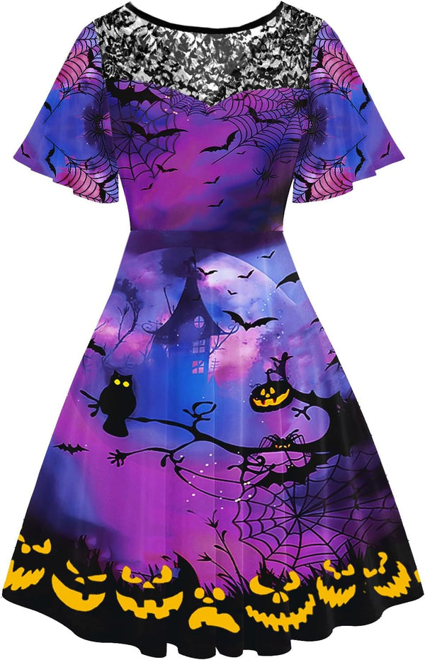 Women Halloween Dress Lace Flutter Sleeve A-Line Party Dresses
