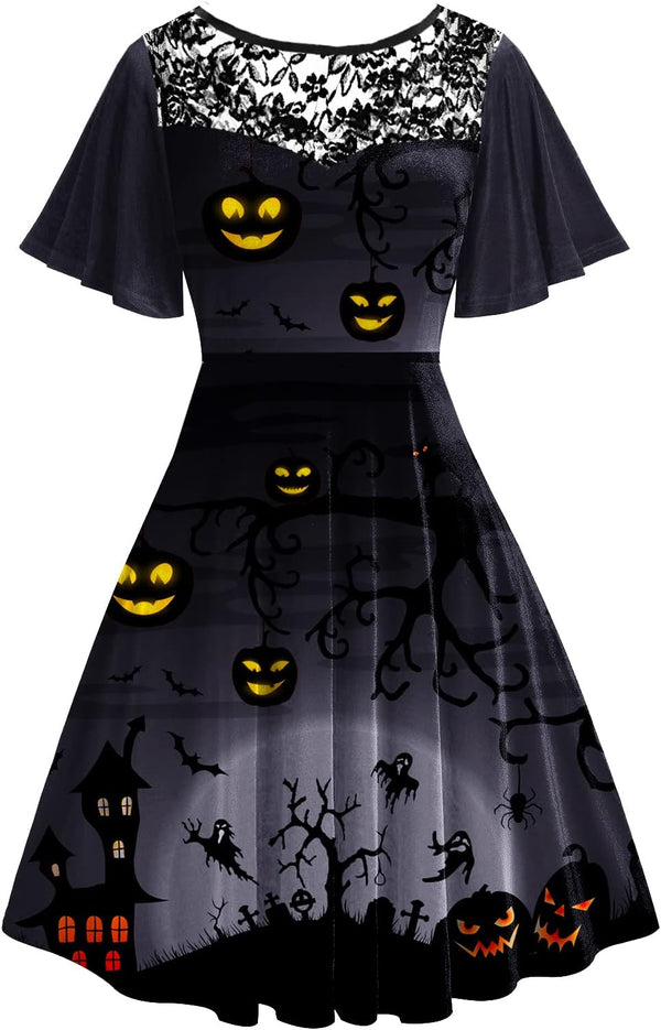 Women Halloween Dress Lace Flutter Sleeve A-Line Party Dresses