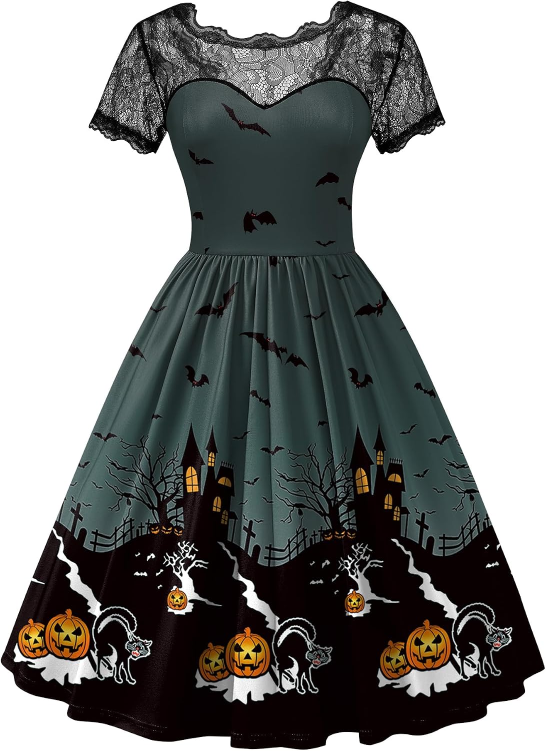 Women Halloween Party Costume Vintage Swing Lace Short Sleeve Witch Dress