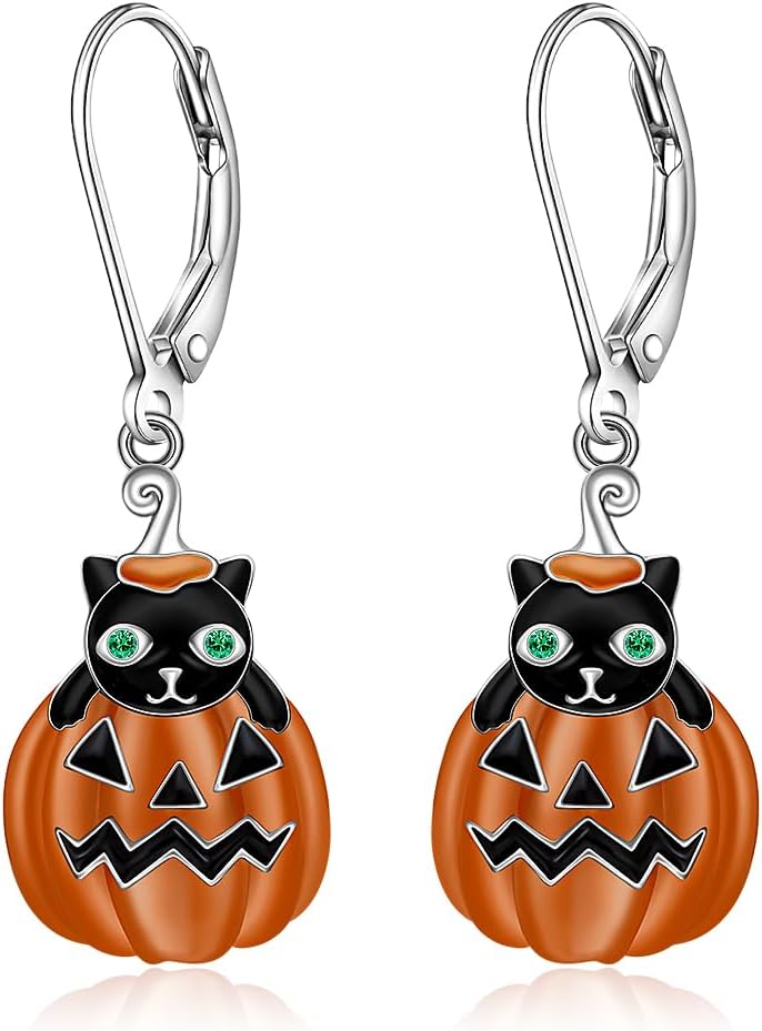 Halloween Earrings S925 Sterling Silver Ghost Bat Spider Cat Jewelry Gift