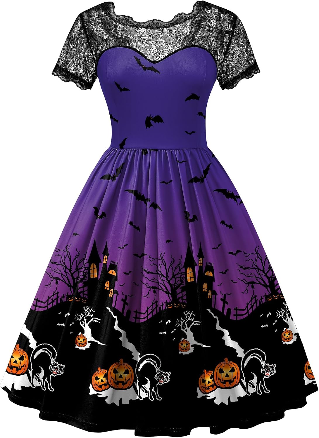 Women Halloween Party Costume Vintage Swing Lace Short Sleeve Witch Dress