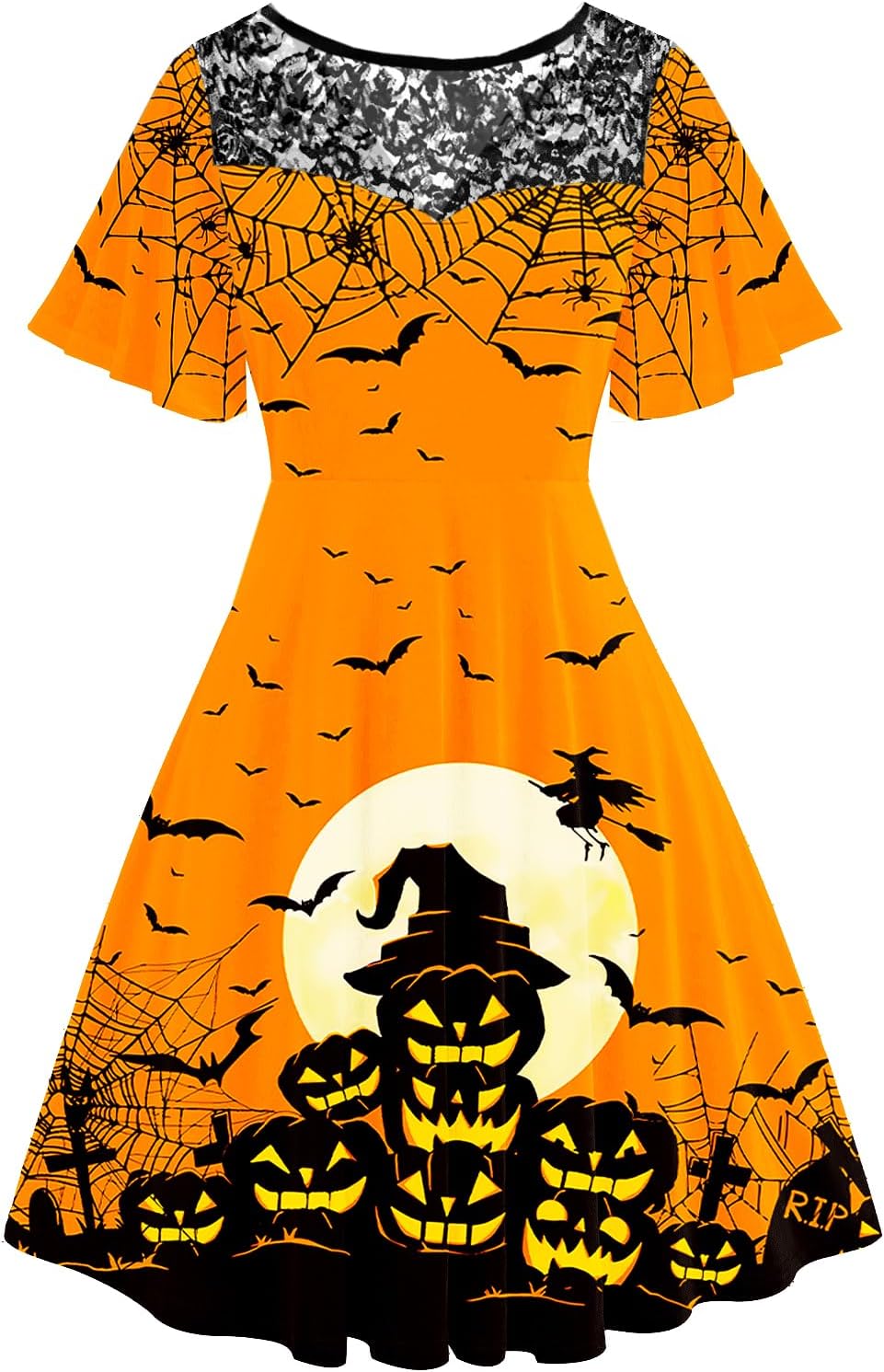 Women Halloween Dress Lace Flutter Sleeve A-Line Party Dresses
