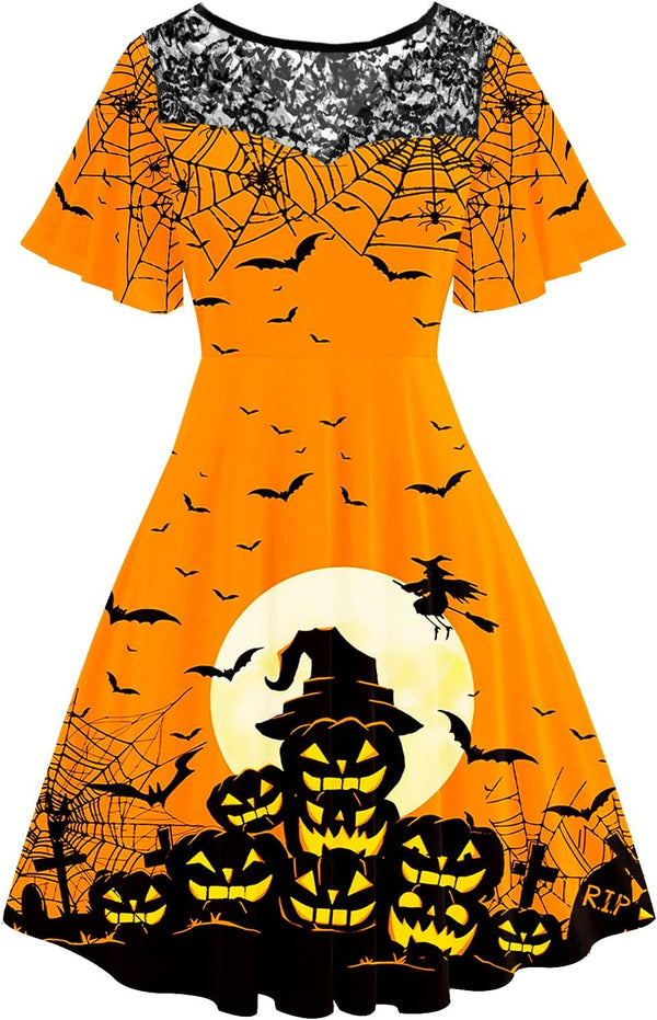 Women Halloween Dress Lace Flutter Sleeve A-Line Party Dresses