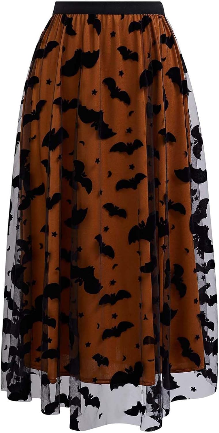 CHICWISH Women's Pumpkin Tulle Tutu Skirt Velvet Bats Elastic Waist Halloween Party Layered Mesh Midi Skirt Halloween Costume Secondary image