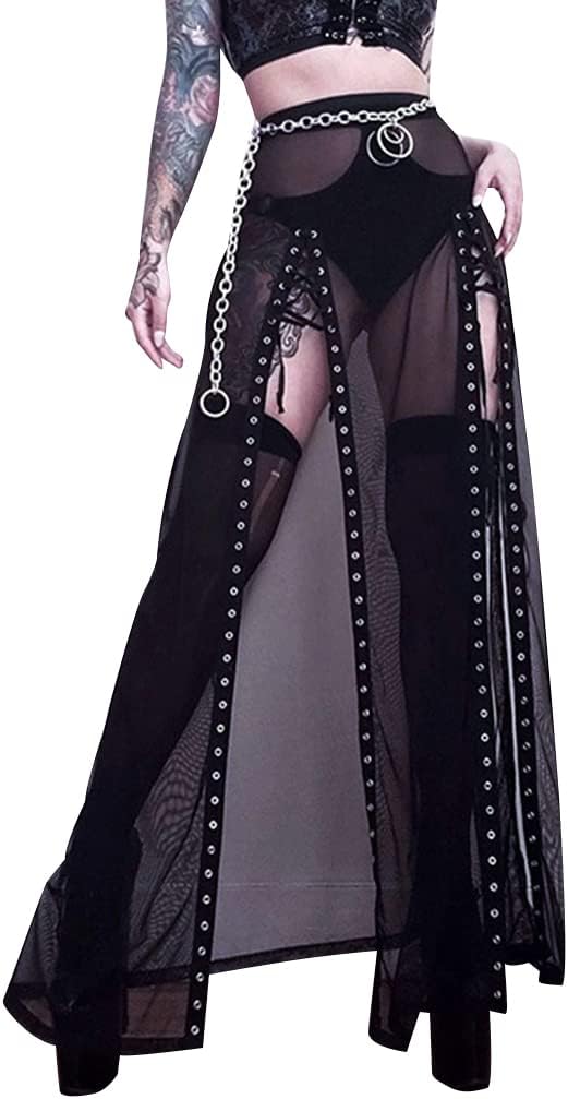 Goth Double Slit Maxi Skirt for Women Punk Black See Through Sheer Mesh Long Split Skirts