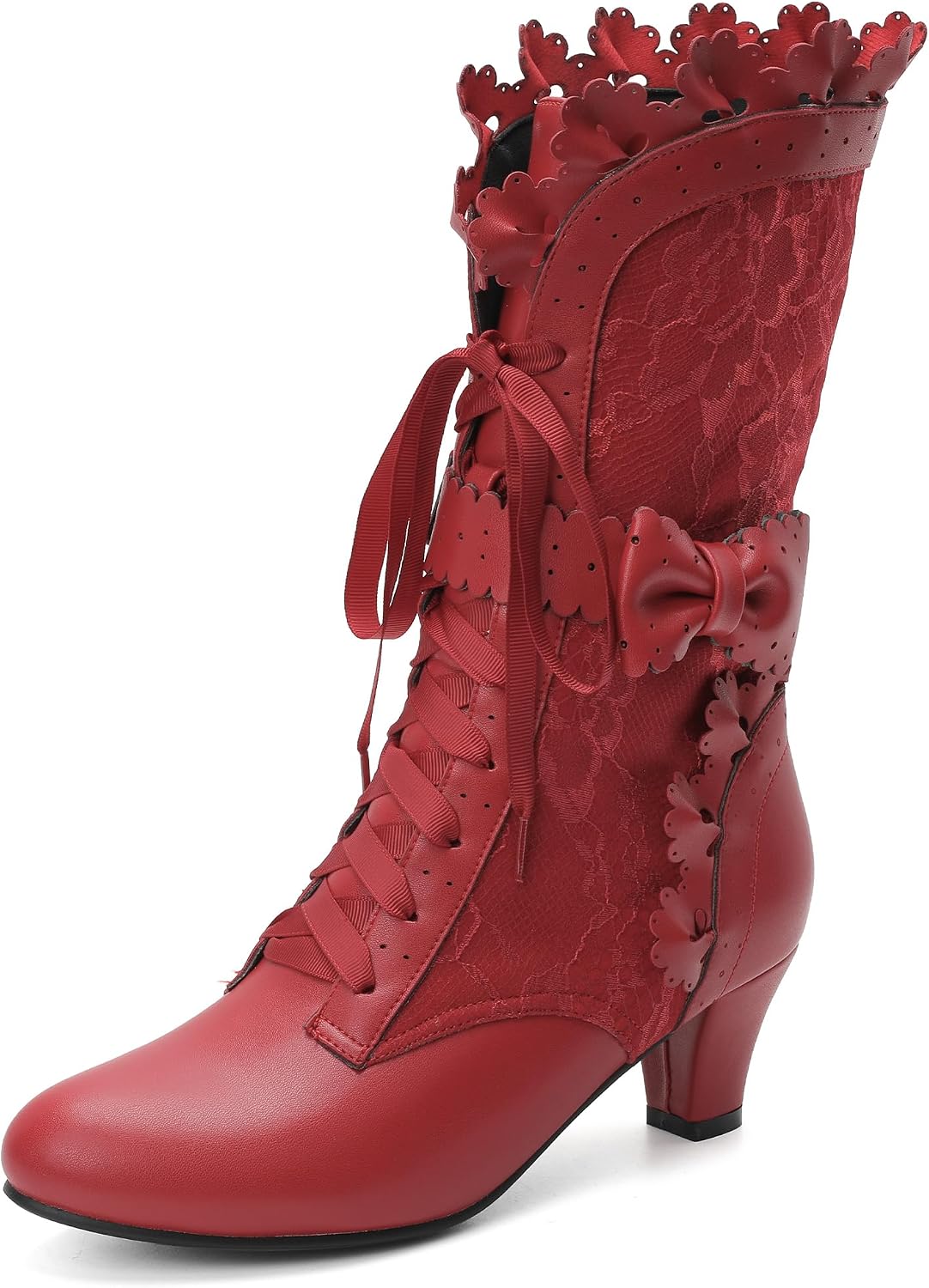 LanreyTaley Women Sweet Bow Boots Mid Heels Lace Up Victorian boots Mid Calf Kawaii Boot