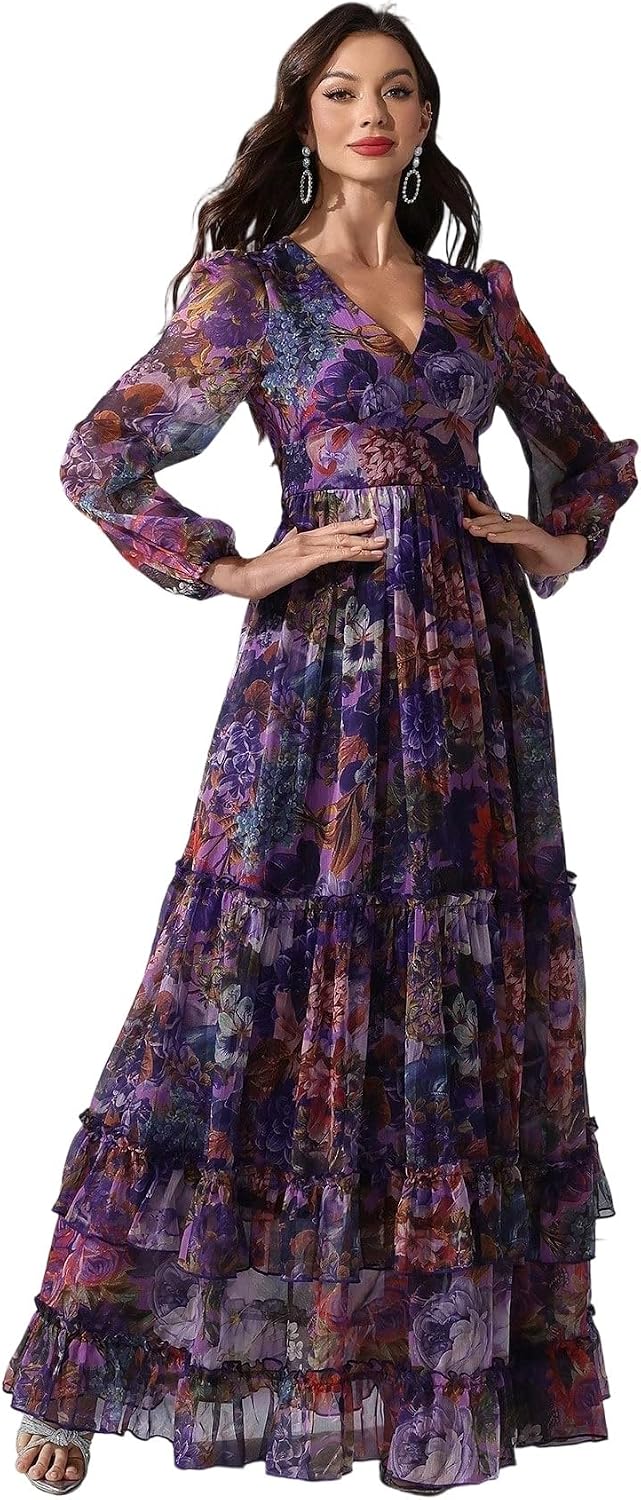 Womens Summer Dresses,Floral Patterns Vintage Elegant Cocktail Long Sleeve Boho Casual Maxi Wedding Guest Dresses for Women