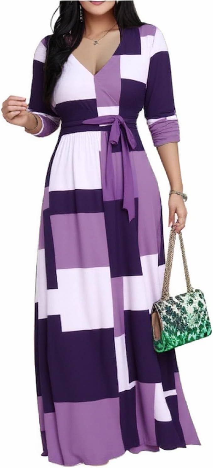CaniBtr Maxi Dresses for Women Plus Size 3/4 Sleeve Long Dress with Belt