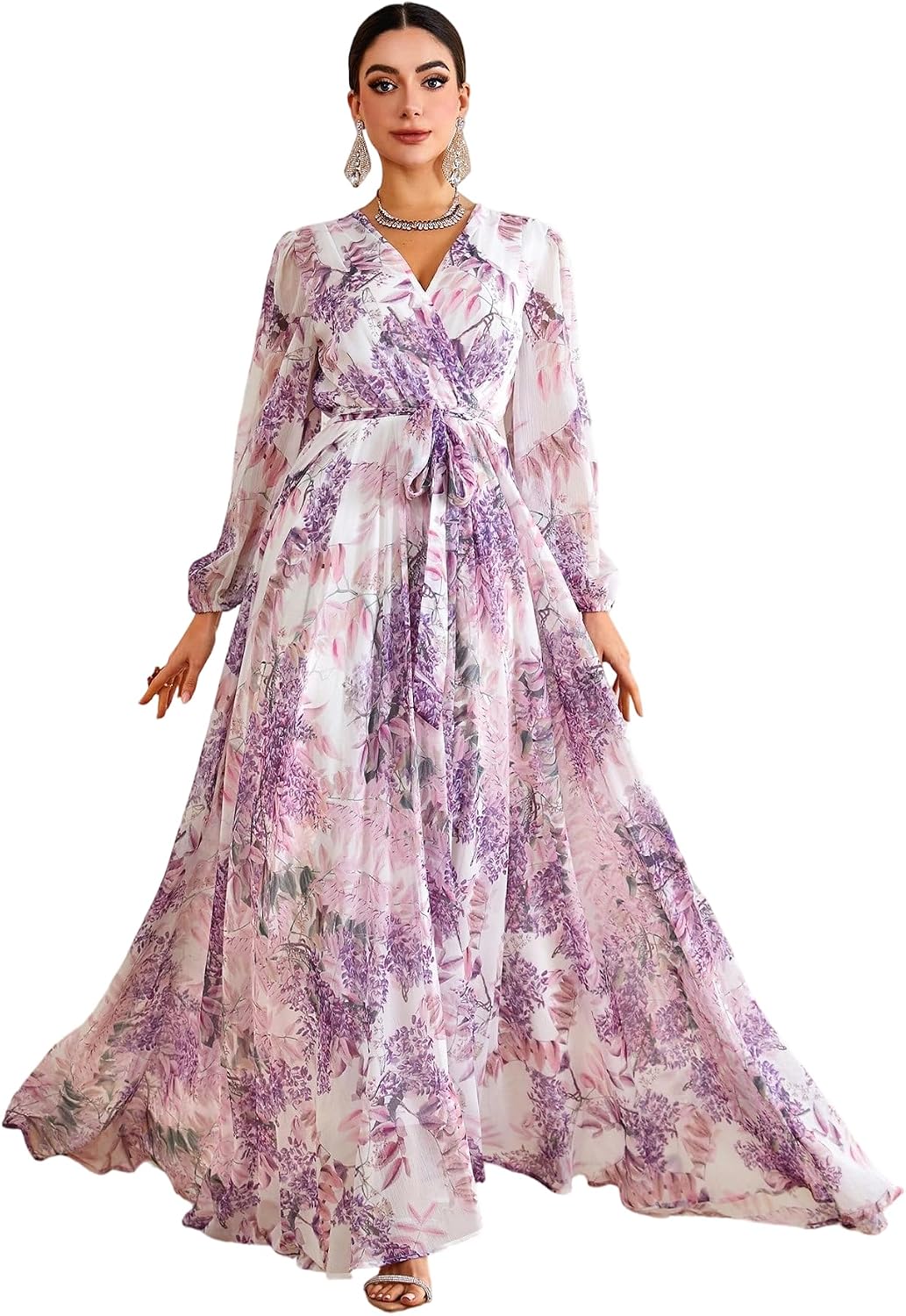 Womens Summer Dresses,Floral Patterns Vintage Elegant Cocktail Long Sleeve Boho Casual Maxi Wedding Guest Dresses for Women