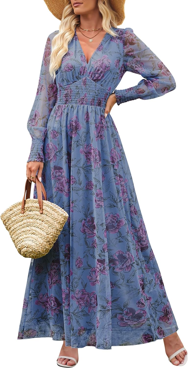 ANRABESS Women's Fall Wedding Guest Tulle Floral Long Sleeve Maxi Dress