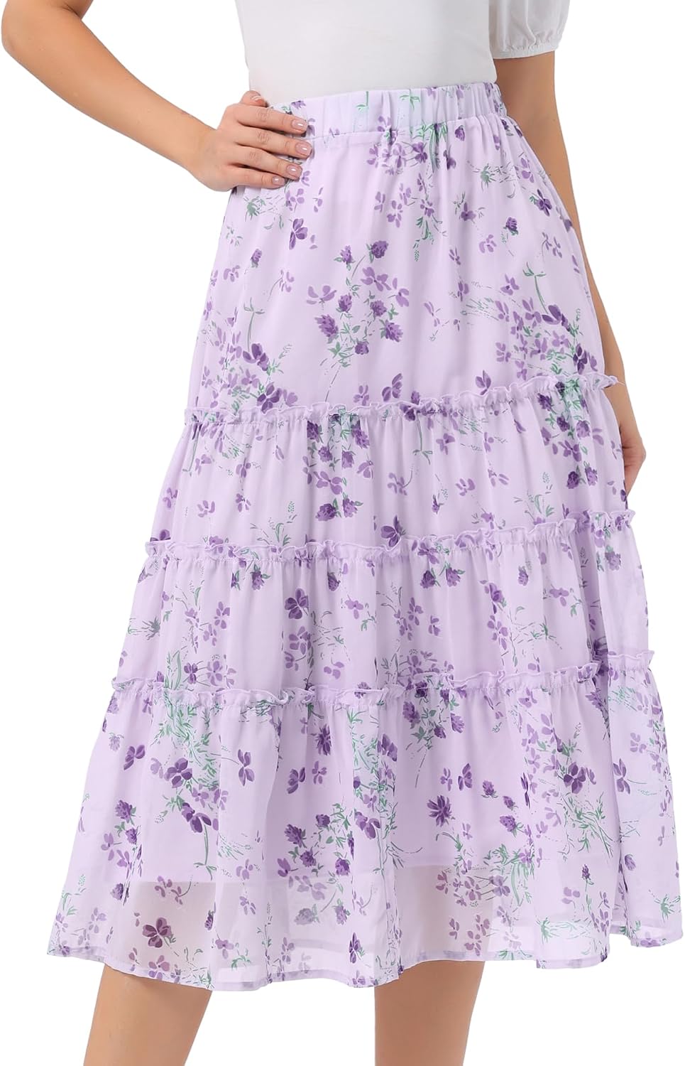 Allegra K Women's Floral Skirt Chiffon A-line Long Tiered Ruffle Maxi Skirt