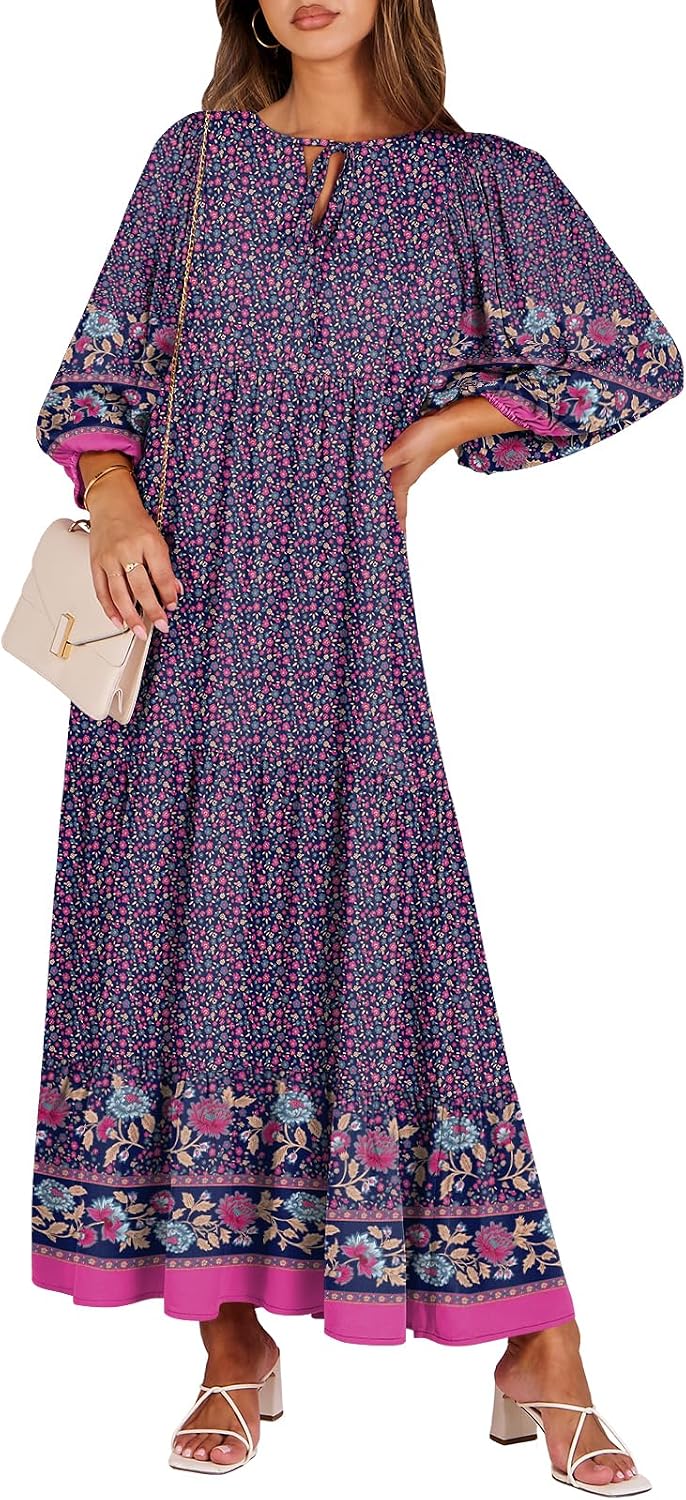 ANRABESS Womens Boho Floral 3/4 Puff Sleeve Maxi Dress