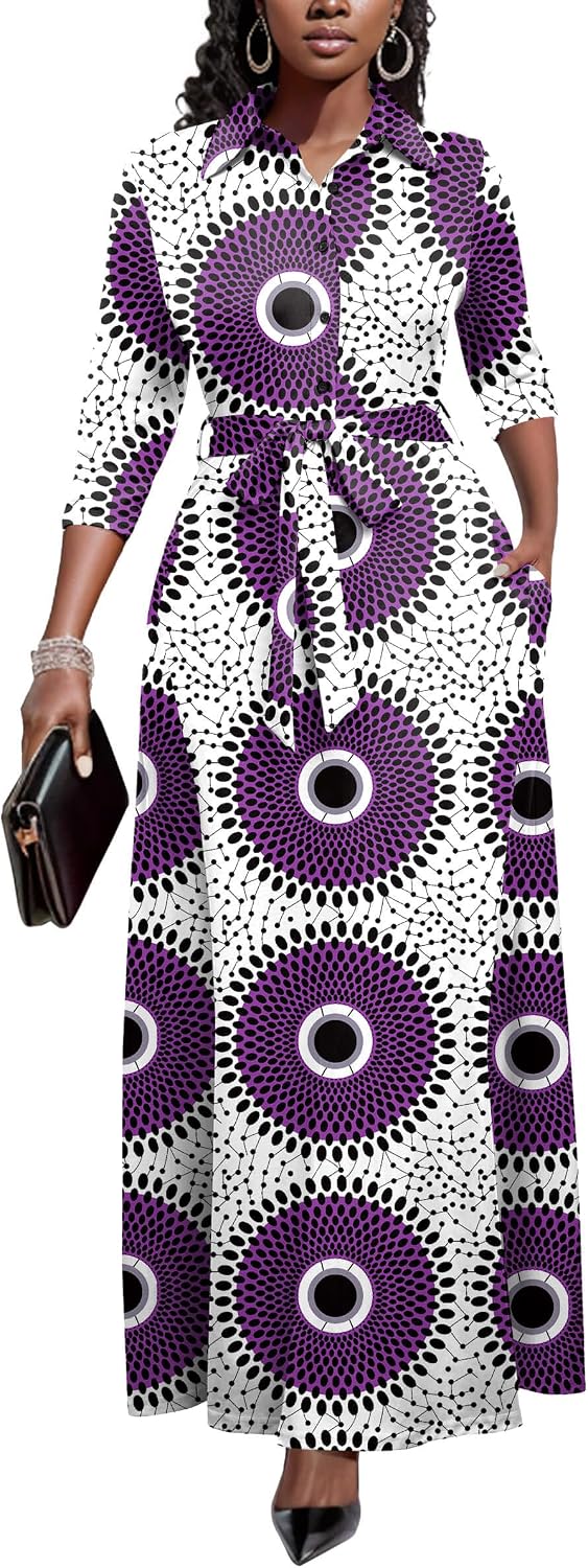 Runwind Womens Maxi Dress 3/4 Sleeve Button Down Church Dress with Pockets