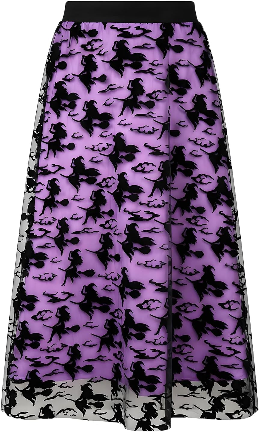Women's Halloween Tulle Midi Skirt, Flocked Print Witch Costume Skirt