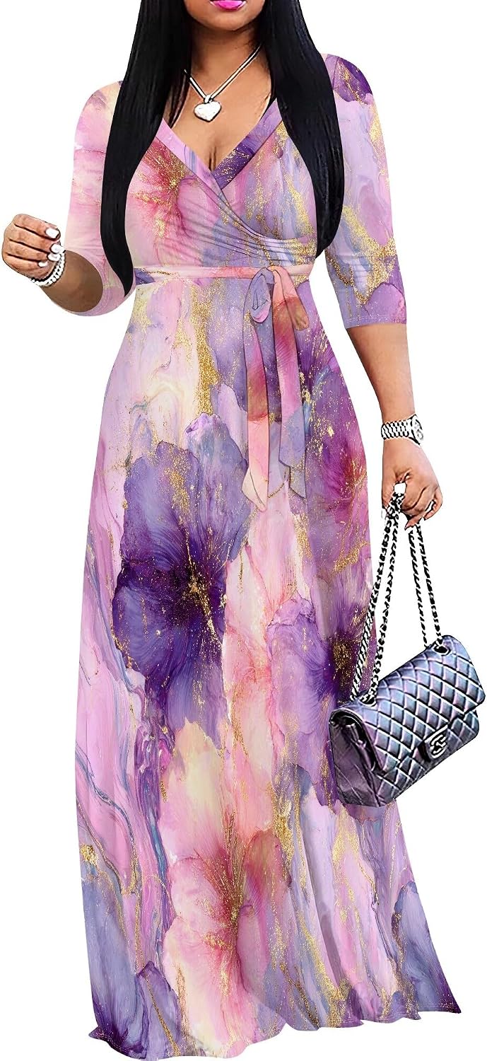 PinkPatty Women's Plus Size V Neck 3/4 Sleeve Boho Maxi Dress with Pockets