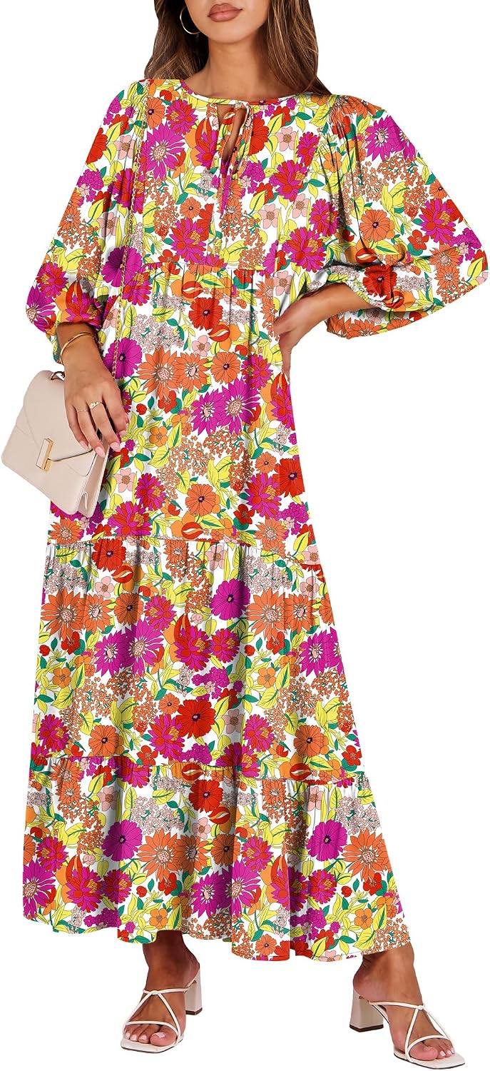 ANRABESS Womens Boho Floral 3/4 Puff Sleeve Maxi Dress