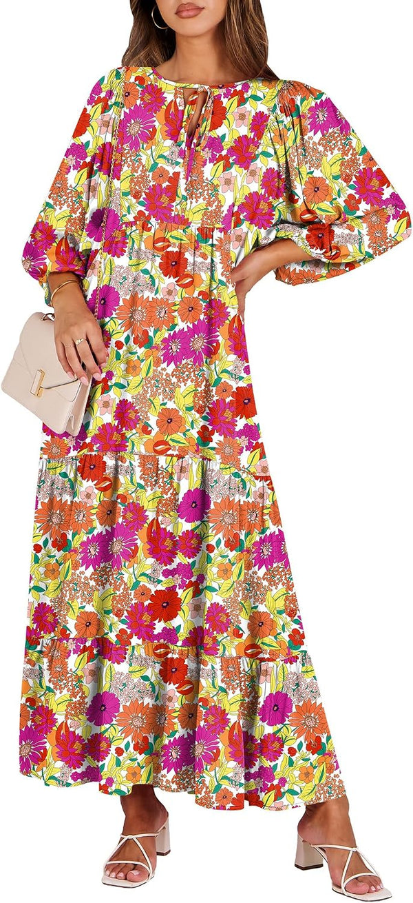 ANRABESS Womens Boho Floral 3/4 Puff Sleeve Maxi Dress