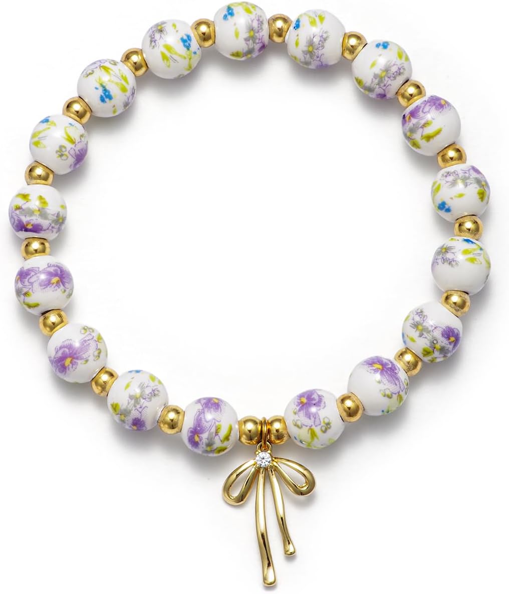Beaded Bracelets for Women,Bow Charm Blue Flower Gold Plated Jewelry Women