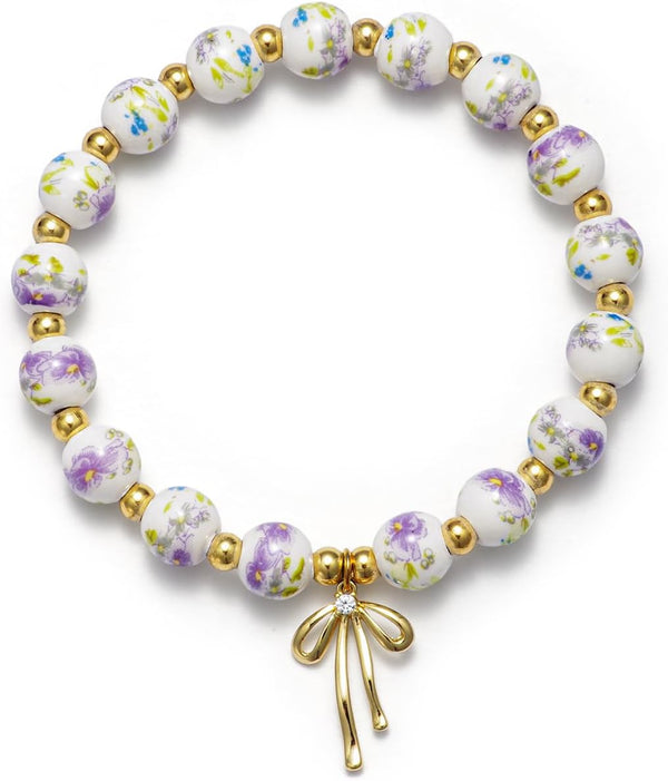 Beaded Bracelets for Women,Bow Charm Blue Flower Gold Plated Jewelry Women