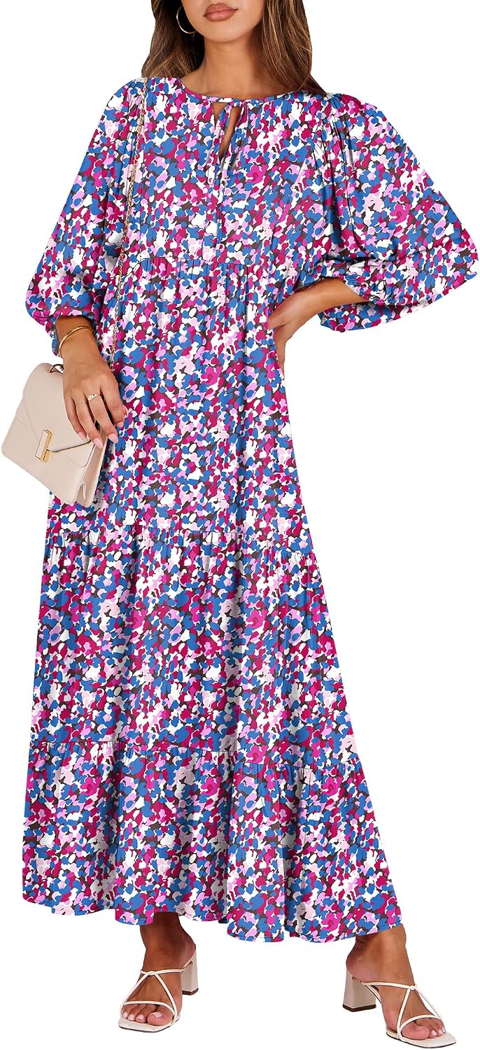 ANRABESS Womens Boho Floral 3/4 Puff Sleeve Maxi Dress
