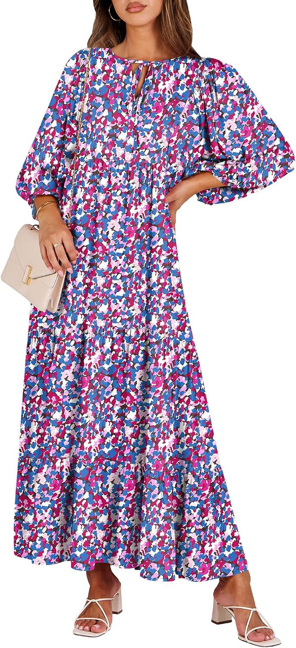 ANRABESS Womens Boho Floral 3/4 Puff Sleeve Maxi Dress