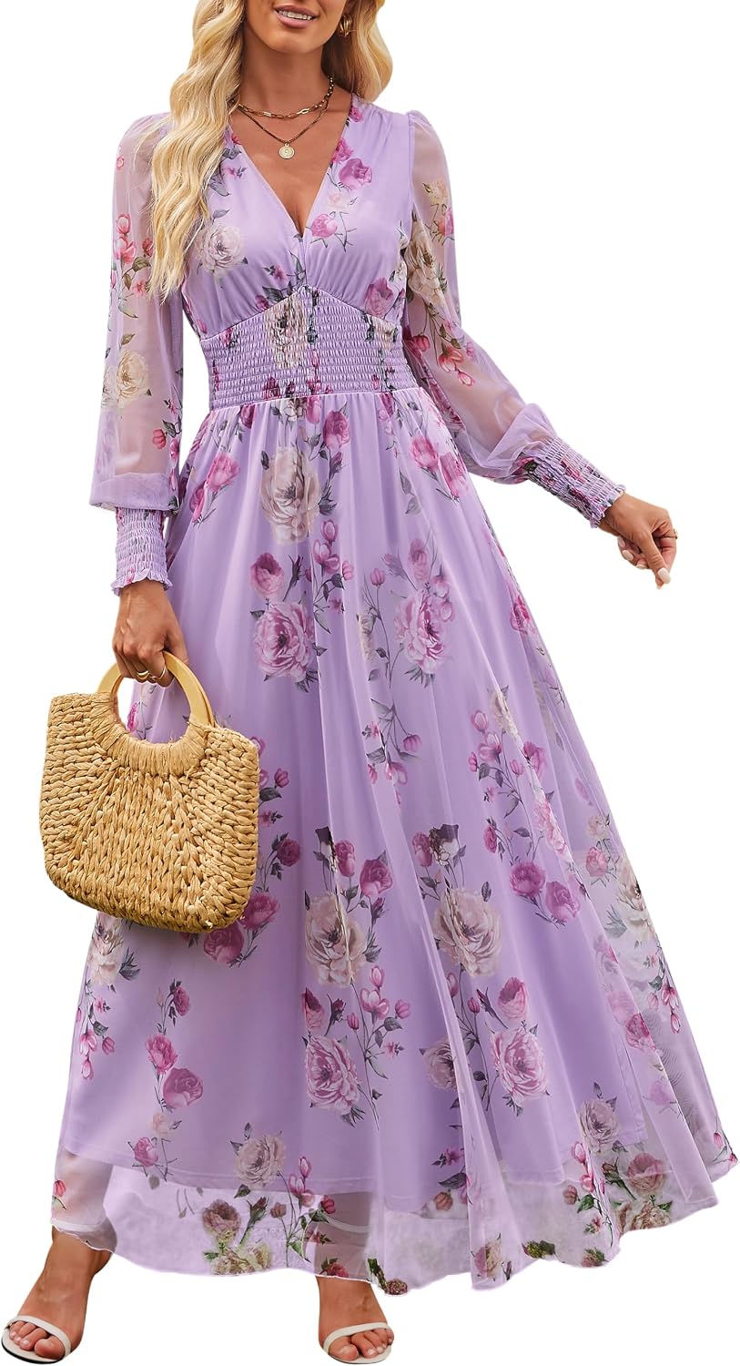 ANRABESS Women's Fall Wedding Guest Tulle Floral Long Sleeve Maxi Dress