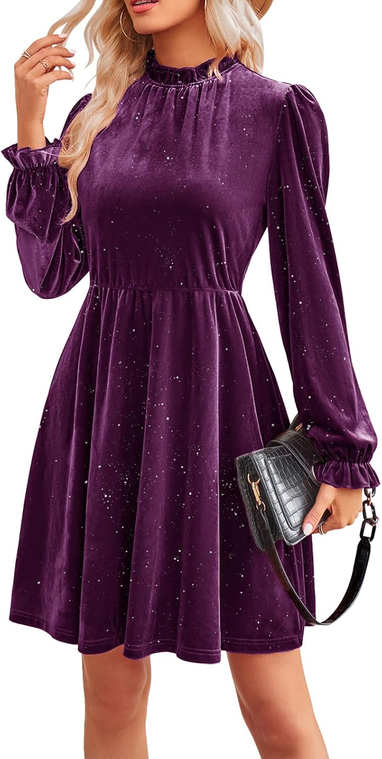 Jayscreate Women's Long Sleeve Winter Fall Wedding Guest Velvet Short Dress