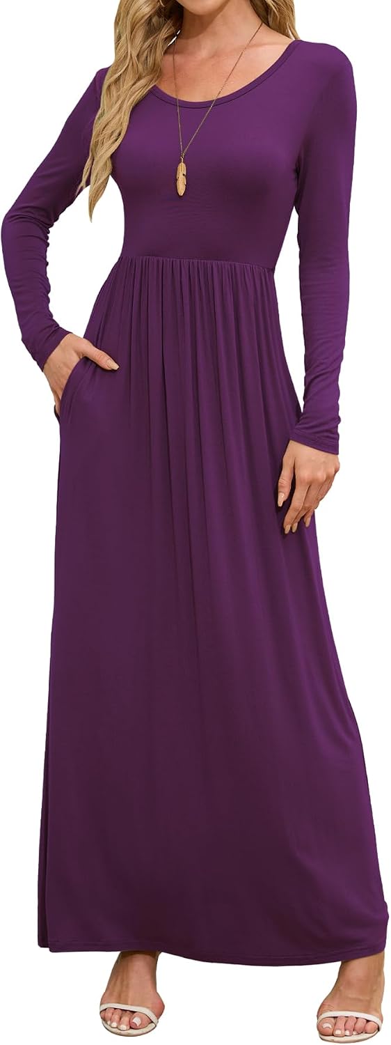 DEARCASE Women's Maxi Dress Long Sleeve Crewneck Empire Waist Long Dresses