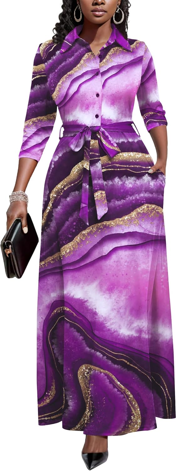 Runwind Womens Maxi Dress 3/4 Sleeve Button Down Church Dress with Pockets