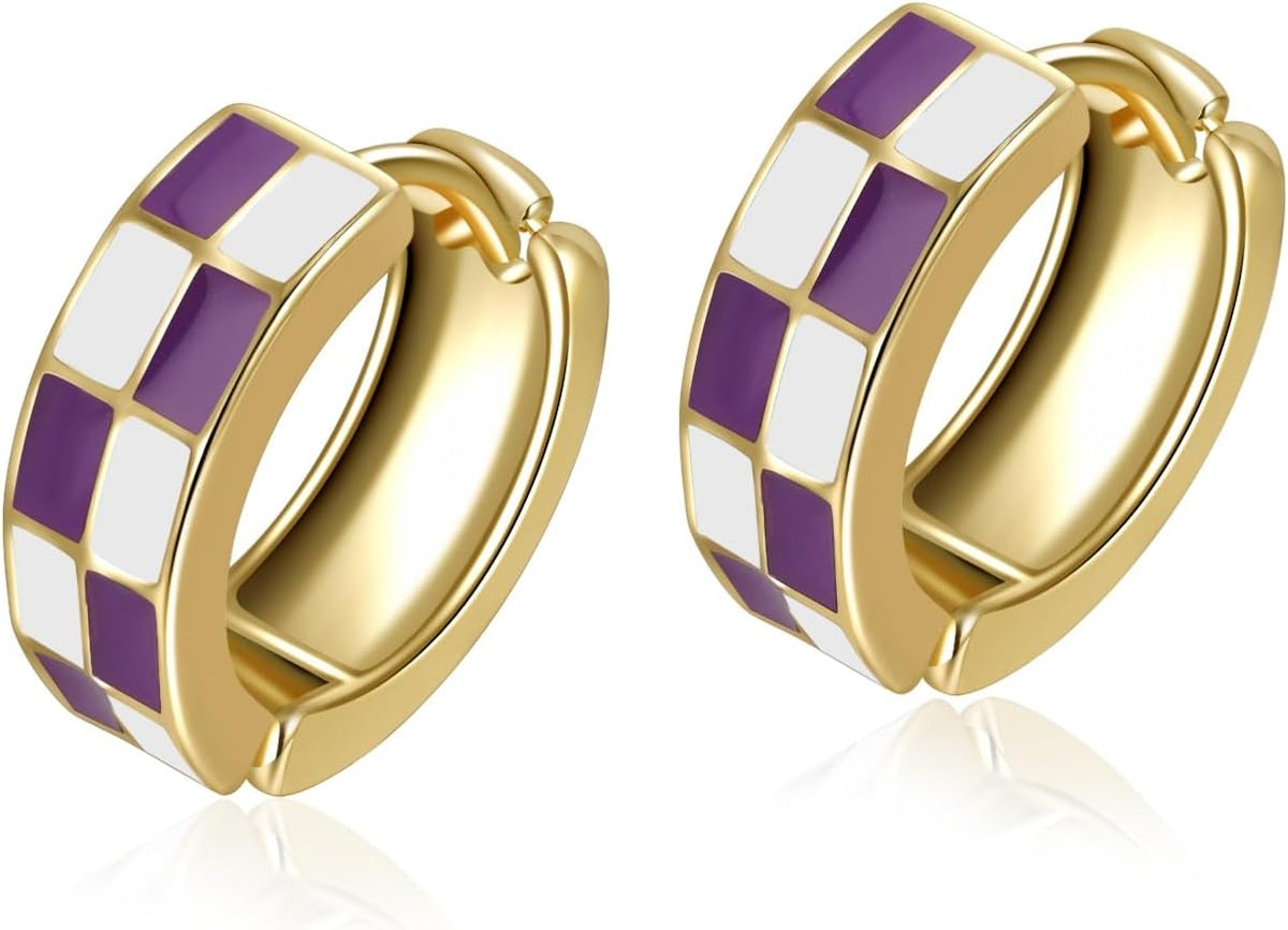 Checker Cartilage Hoops Teacher Earrings for Women White Black Enamel Gold