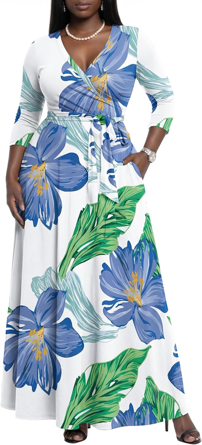 AOMONI Women's Maxi Dresses Summer Casual Wrap Tie Waist Long Dress